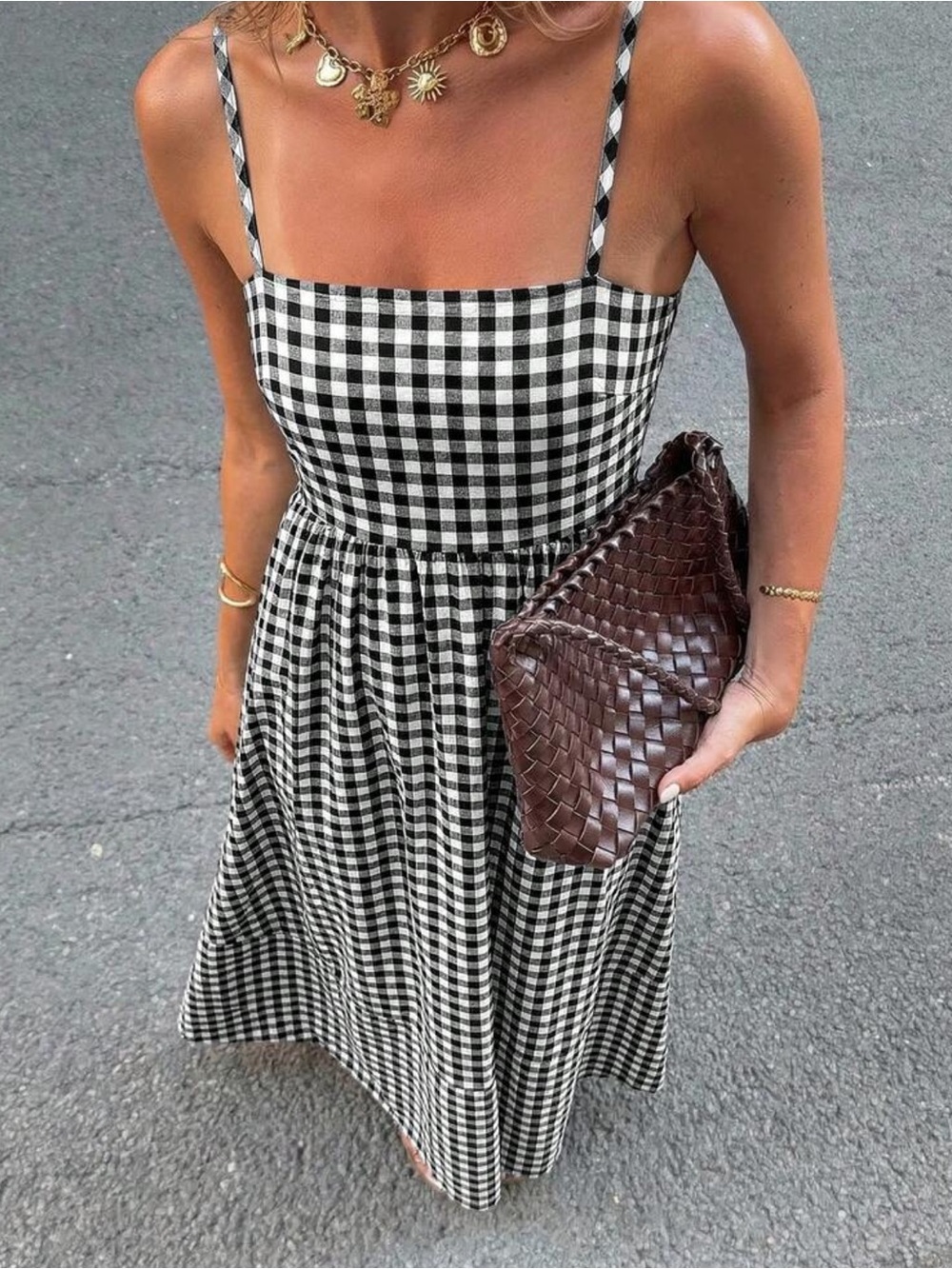 White black gingham print plaid maxi dress cut out open back boho vacation dress